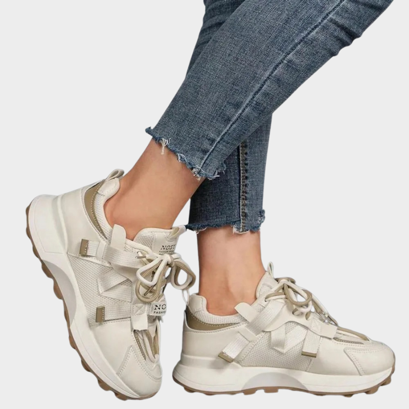 Beige faux leather lace-up women sneakers flat sole casual regular fit everyday comfort