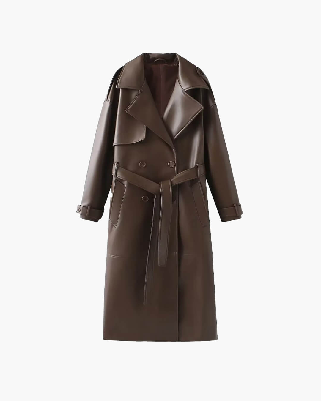 Women's black leather maxi trench coat with sleek full-length coverage and timeless sophisticated silhouette