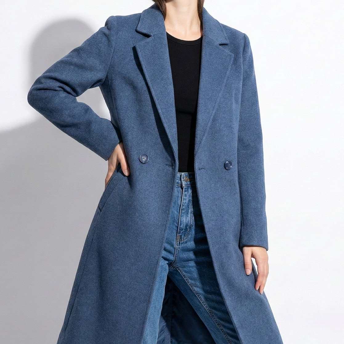 Women's long straight-cut cotton coat elegant winter silhouette refined minimalist style daily comfort