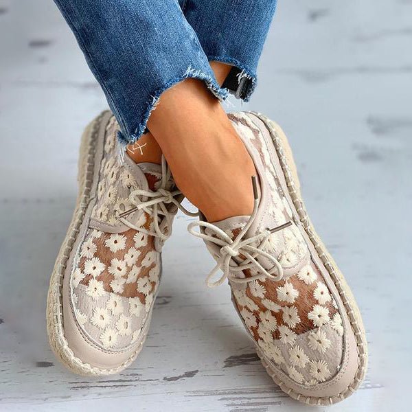 Women's white floral lace mesh sneakers lightweight breathable slip-on with embroidered detailing