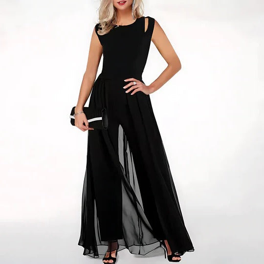 Women's relaxed wide-leg jumpsuit with sleek silhouette and adjustable waist tie for polished comfort