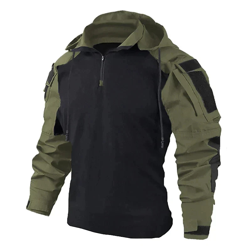 Men's tactical softshell jacket detachable sleeves hood multiple pockets weather-resistant urban outdoor style