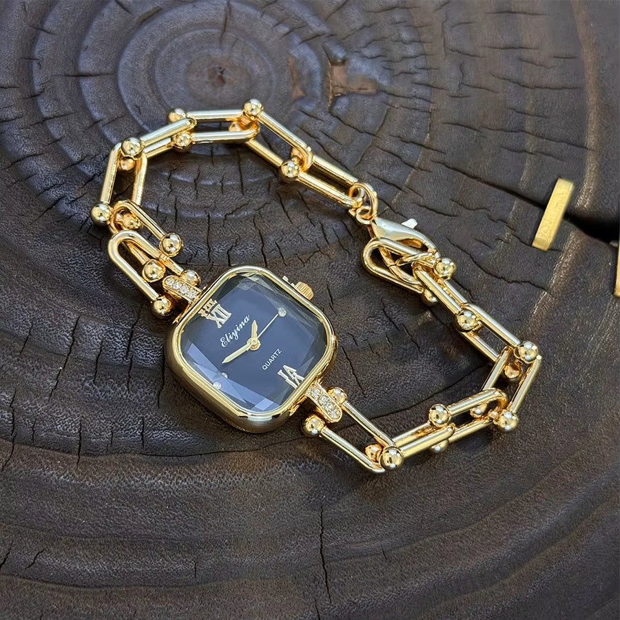 Women's baroque chain link bracelet watch bold square dial chunky sculptural gold jewelry timepiece