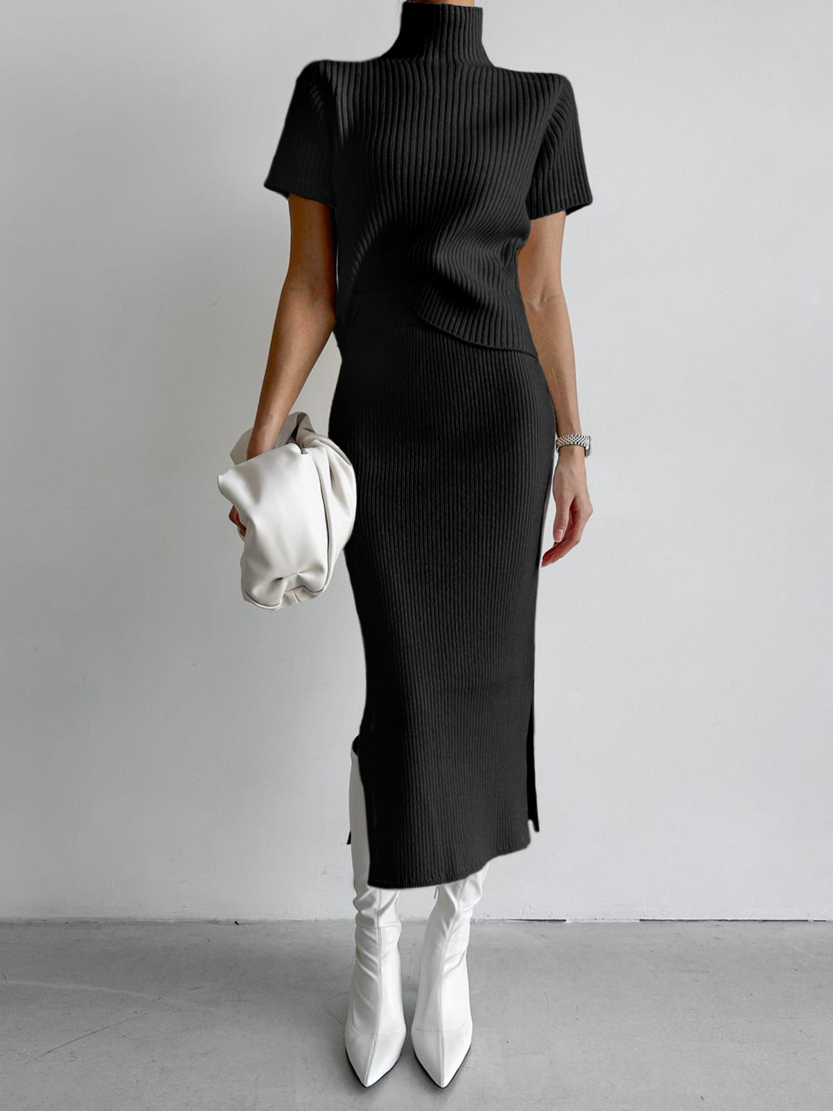 Women's ribbed knit two-piece skirt set high neck split slim fit casual elegant knitwear