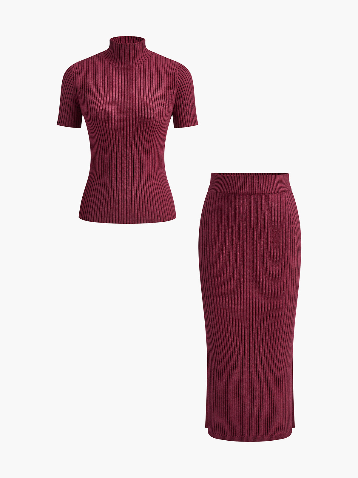 Women's ribbed knit two-piece skirt set high neck split slim fit casual elegant knitwear