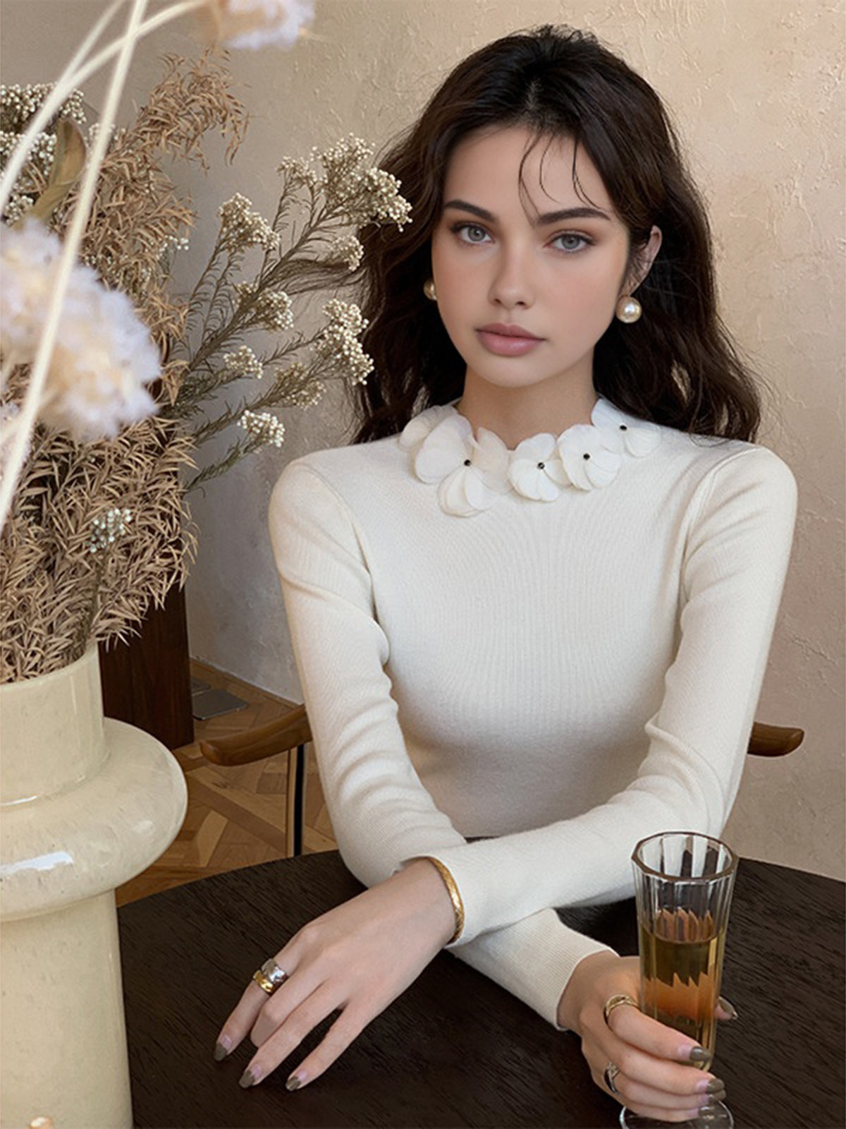 Women's floral knit top long sleeve elegant romantic silhouette versatile work leisure fit