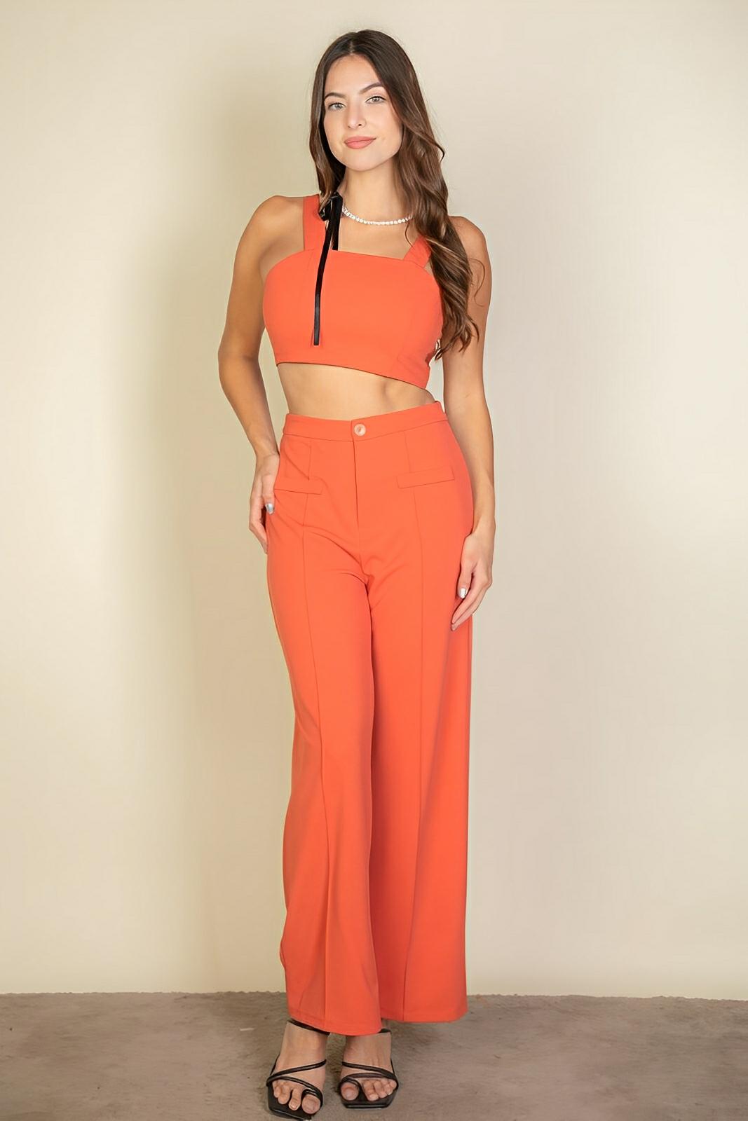 Women's solid tank top and wide leg pants set, soft stretch crepe two-piece casual everyday outfit