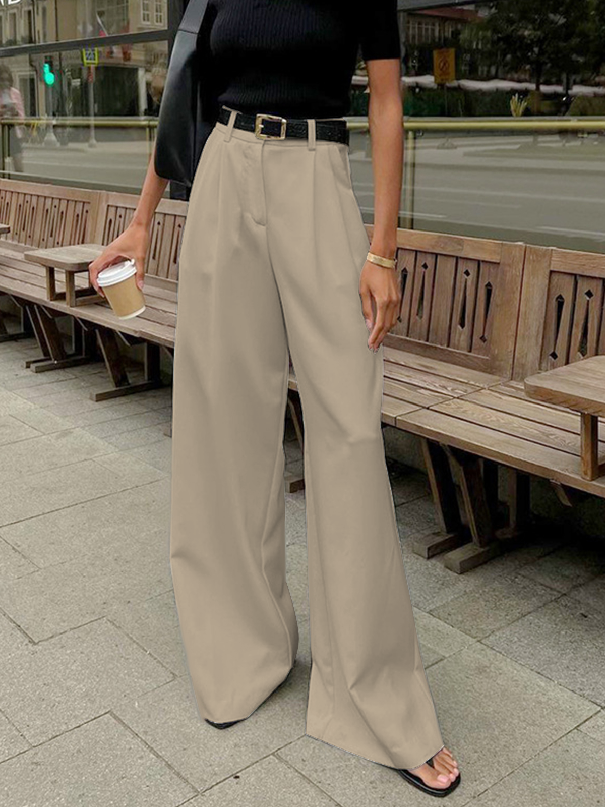 Women's solid wide leg pants casual elegant workwear regular length, beltless polished silhouette