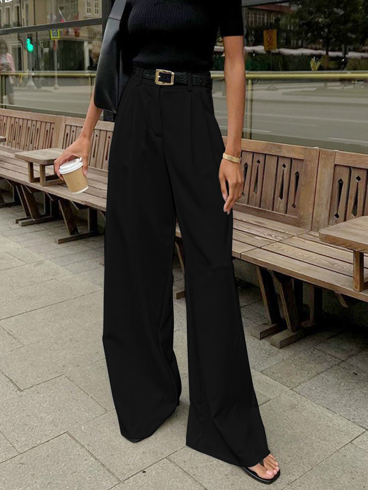 Women's solid wide leg dress pants, beltless casual workwear with clean silhouette, regular length