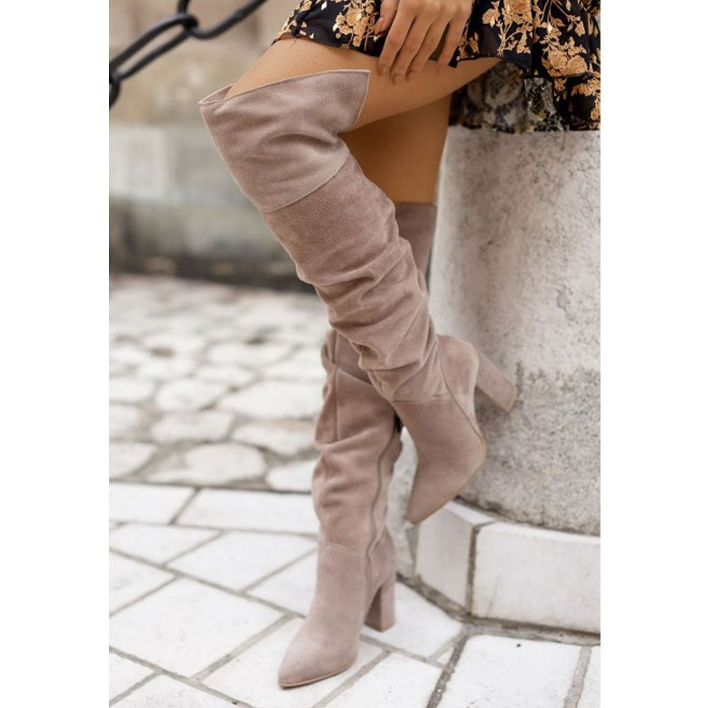 Women's black over-the-knee slouchy boots pointed toe high block heel evening glam silhouette