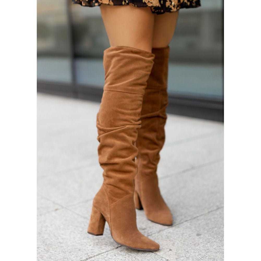 Black slouchy thigh-high boots pointed toe block heel over-the-knee shaft elegant women's fashion