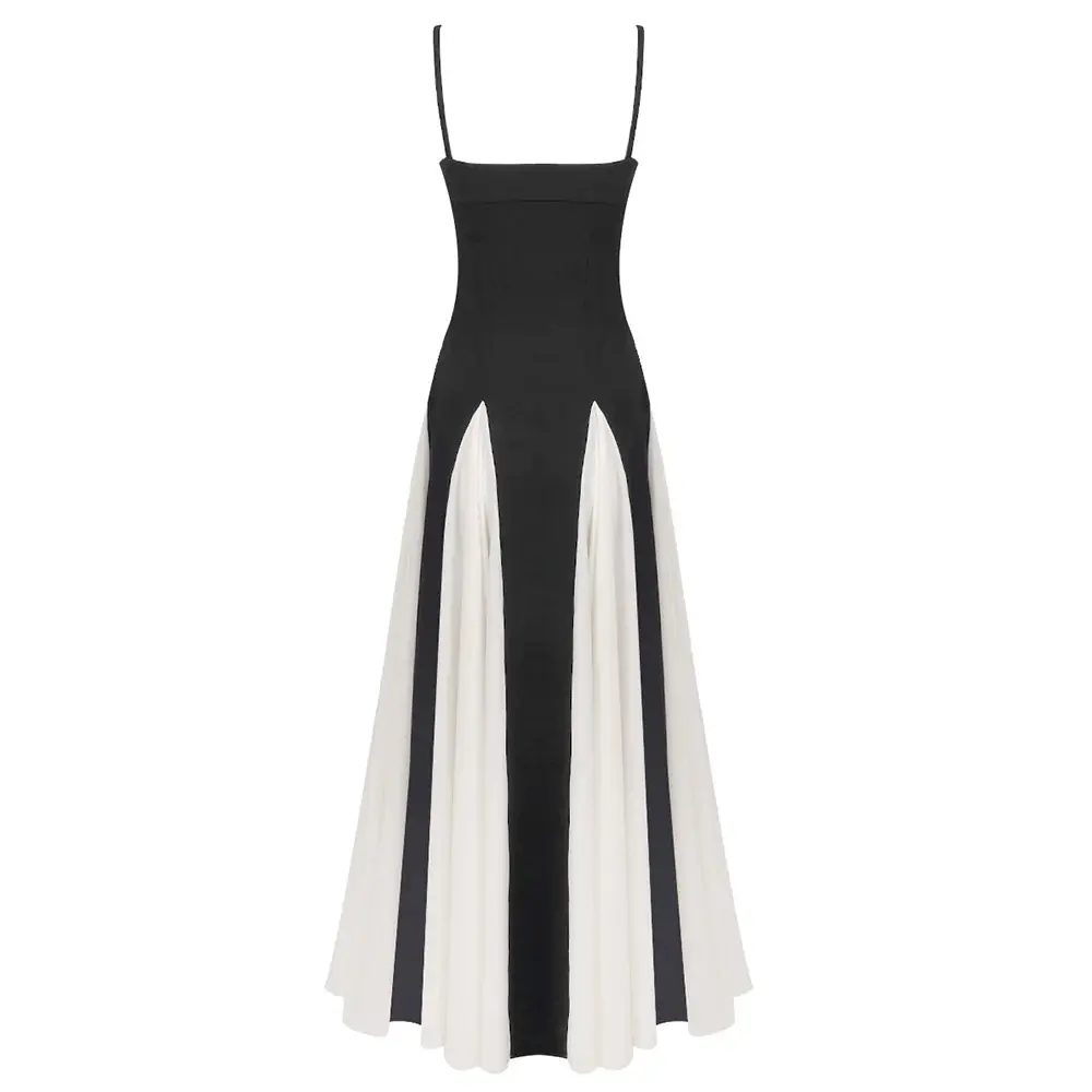 Black and white sleeveless maxi dress elegant backless party gown with monochrome contrast