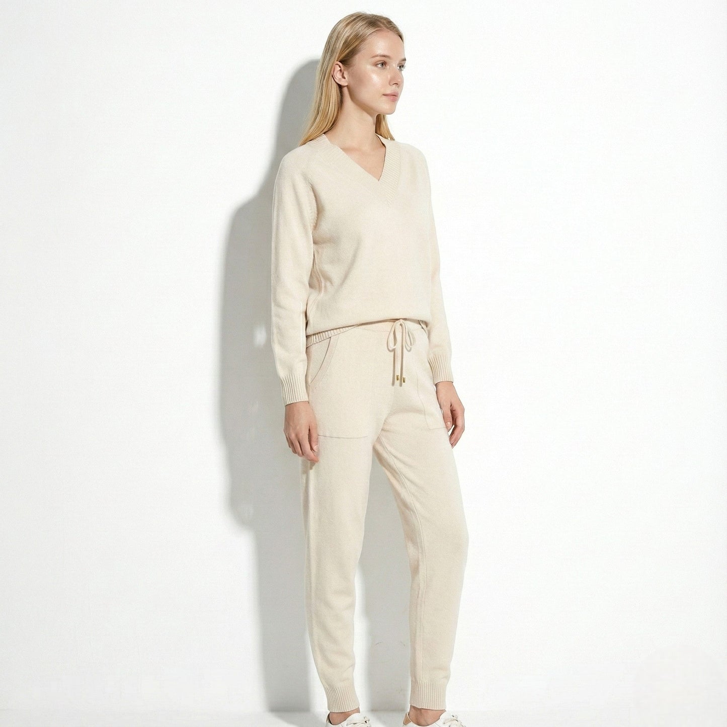 Women's knit loungewear set beige V-neck sweater matching drawstring joggers cozy winter style
