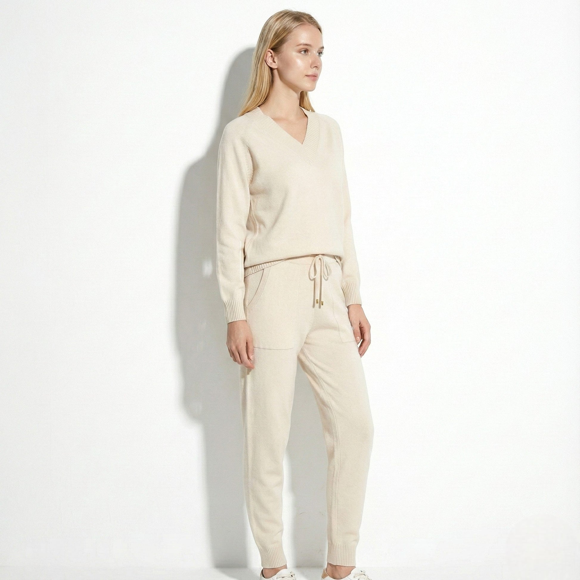 Women's knit loungewear set beige V-neck sweater matching drawstring joggers cozy winter style