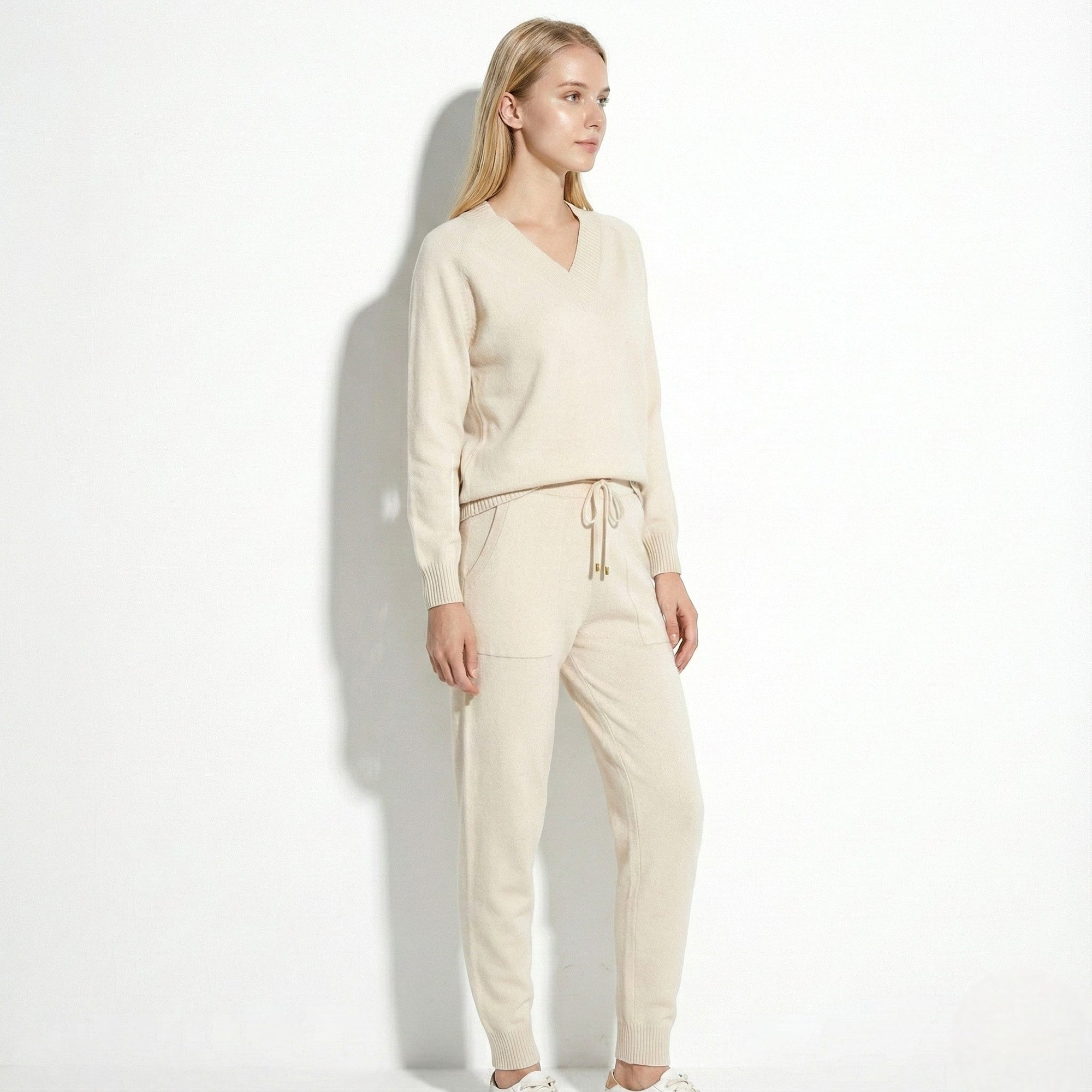 Women's knit loungewear set beige V-neck sweater matching drawstring joggers cozy winter style