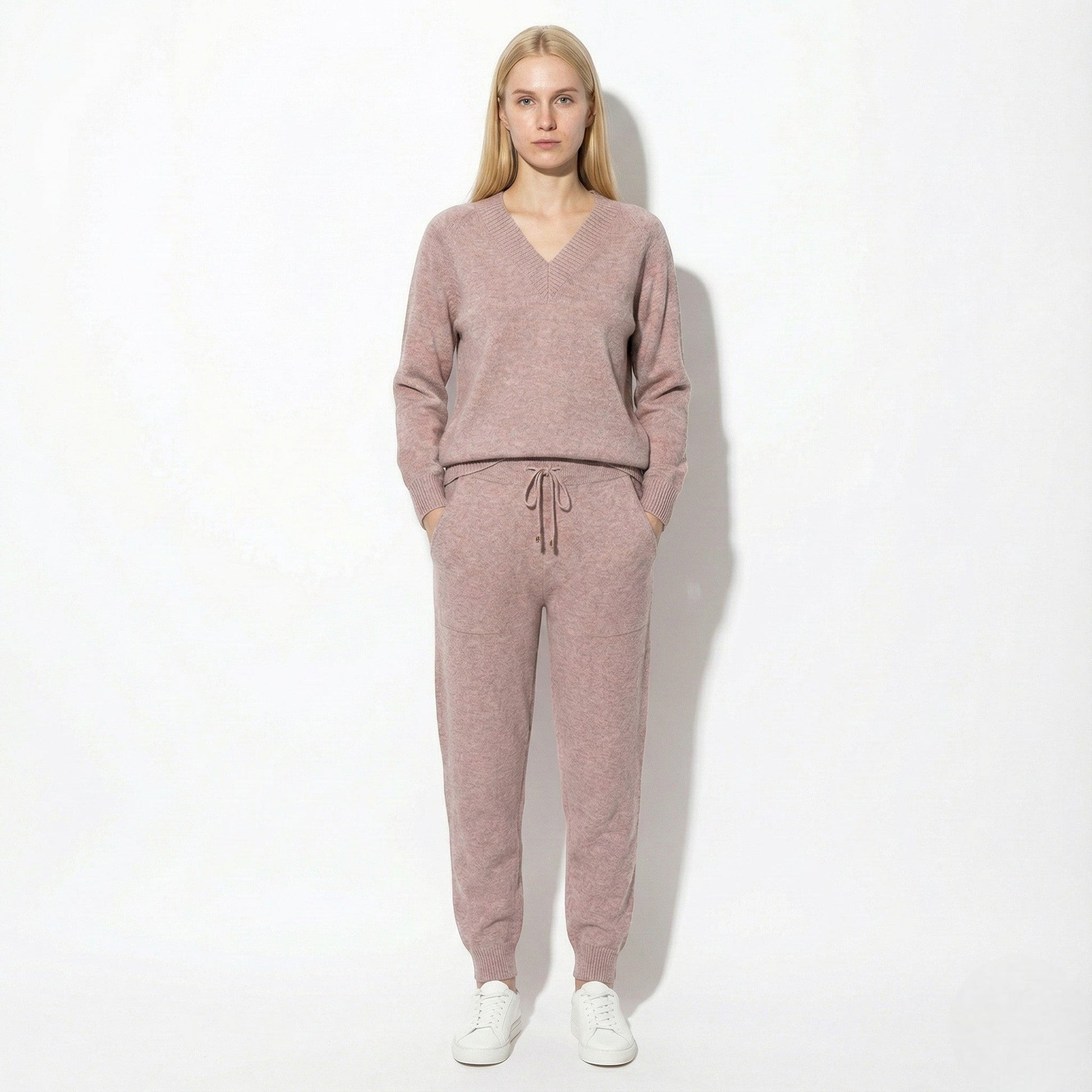 Women's knit loungewear set beige V-neck sweater matching drawstring joggers cozy winter style