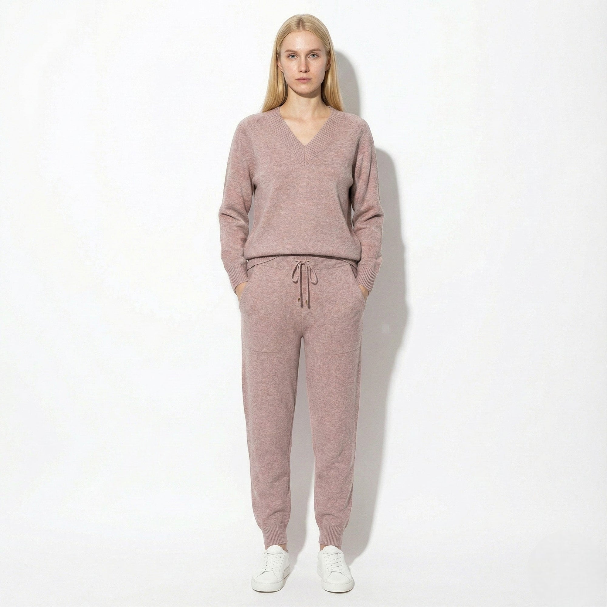 Women's knit loungewear set beige V-neck sweater matching drawstring joggers cozy winter style