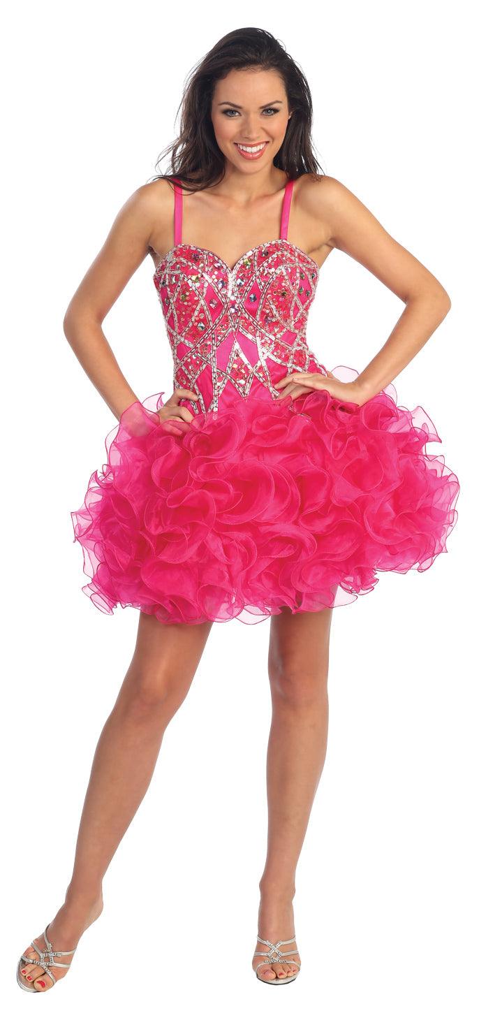 Blush organza cocktail dress spaghetti straps sweetheart neckline ruffle mini skirt zipper back prom