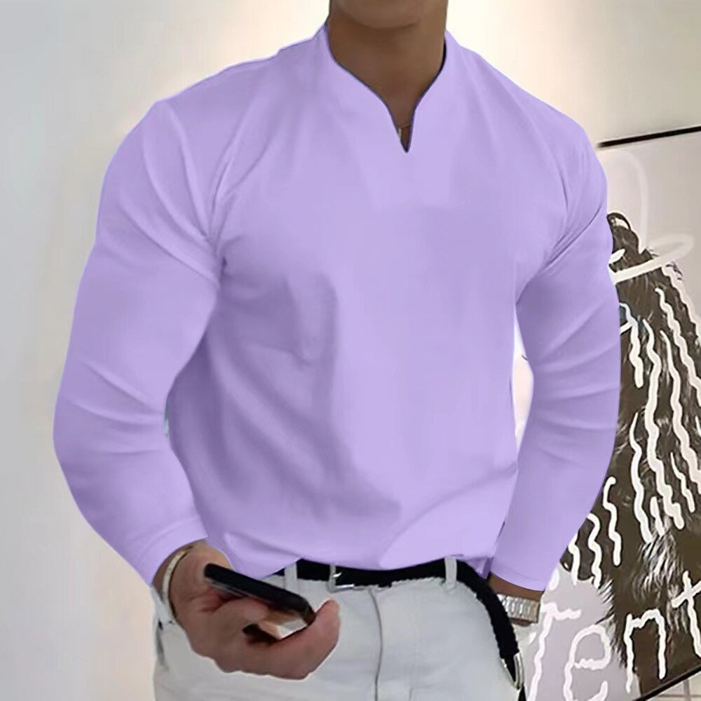 Men's white buttonless V-neck shirt with sweat-wicking fabric and clean minimalist design