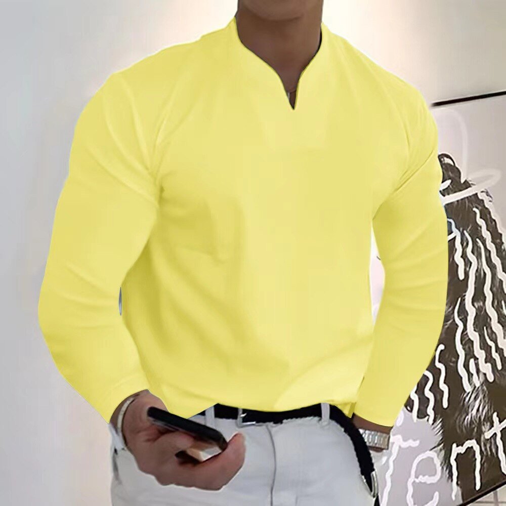Men's white buttonless V-neck anti-perspiration shirt with sweat-wicking fabric and clean minimal silhouette