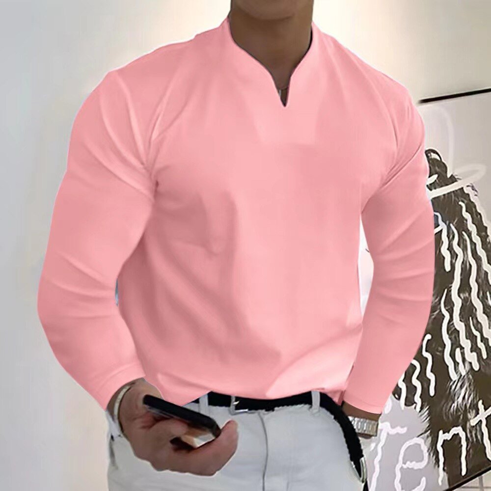 Men's white buttonless V-neck sweat-wicking shirt with clean silhouette and anti-perspiration fabric