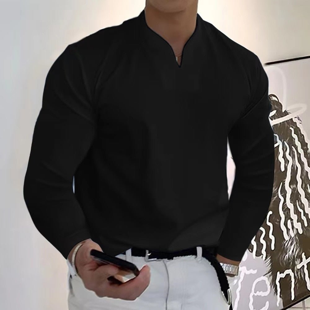 Men's white buttonless V-neck anti-perspiration shirt with sweat-wicking fabric and clean modern silhouette