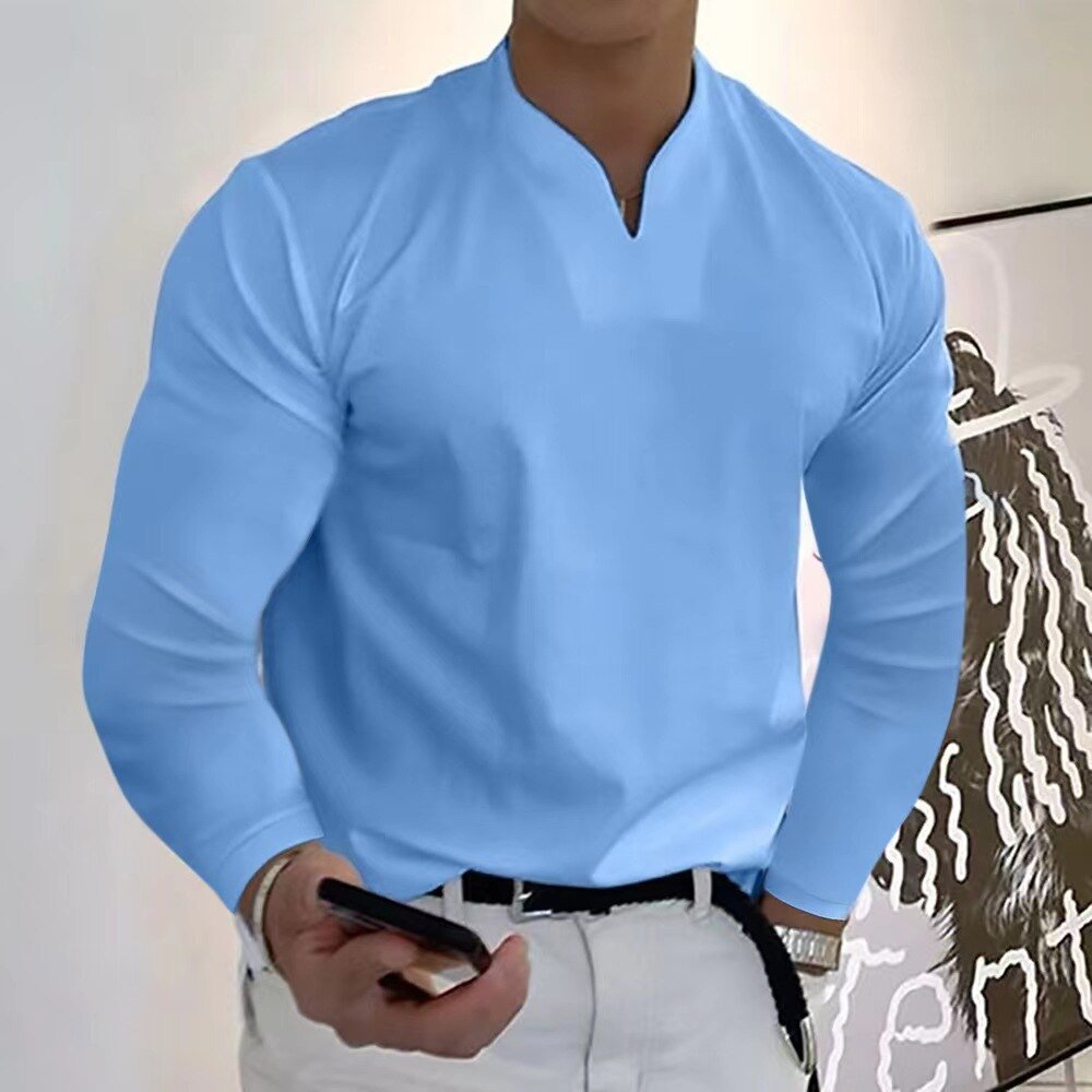 Men's white buttonless V-neck anti-perspiration shirt with sweat-wicking fabric and clean modern silhouette