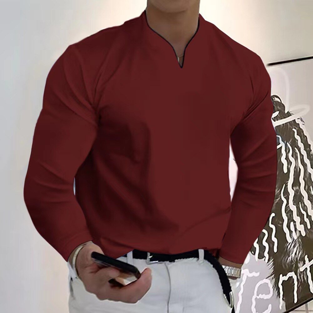 Men's white buttonless V-neck sweat-wicking shirt with clean silhouette and anti-perspiration comfort