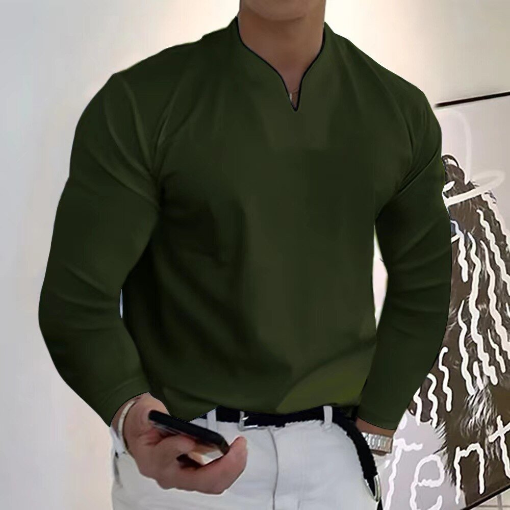 Men's white buttonless V-neck shirt with sweat-wicking fabric, clean modern silhouette for all-day comfort