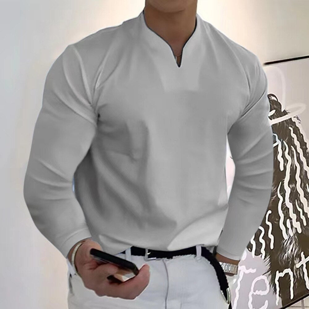 Men's white buttonless V-neck sweat-wicking shirt with clean silhouette and anti-perspiration fabric