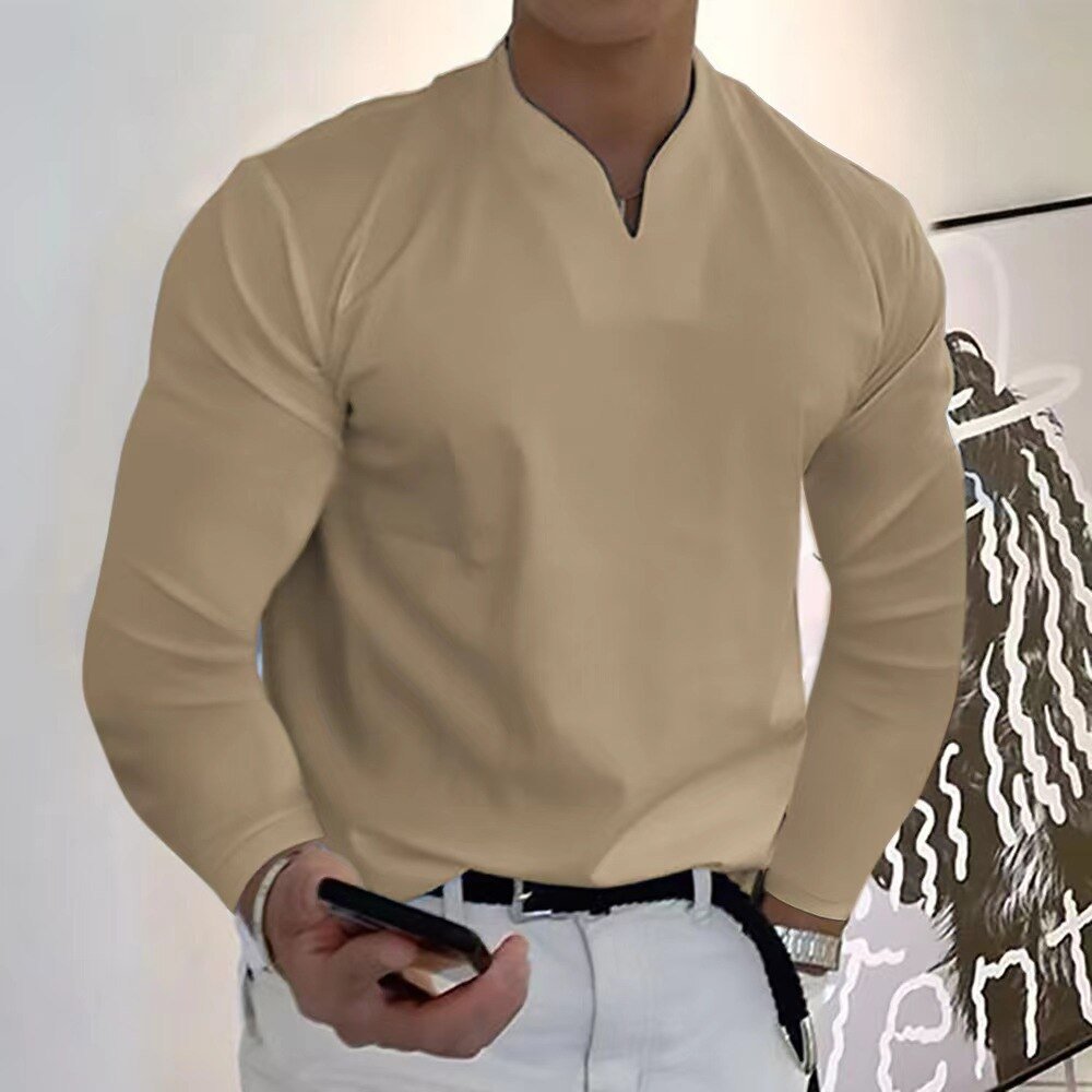 Men's white buttonless V-neck anti-perspiration shirt with sweat-wicking fabric and clean minimal silhouette