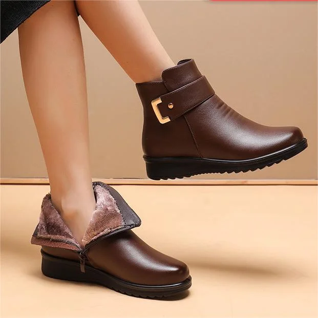 Women's black faux leather orthopedic ankle boots with plush fleece lining and wedge heel