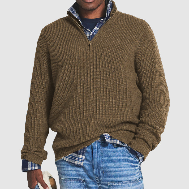 Men's ribbed half-zip pullover sweater, long sleeve, versatile layering piece for casual style