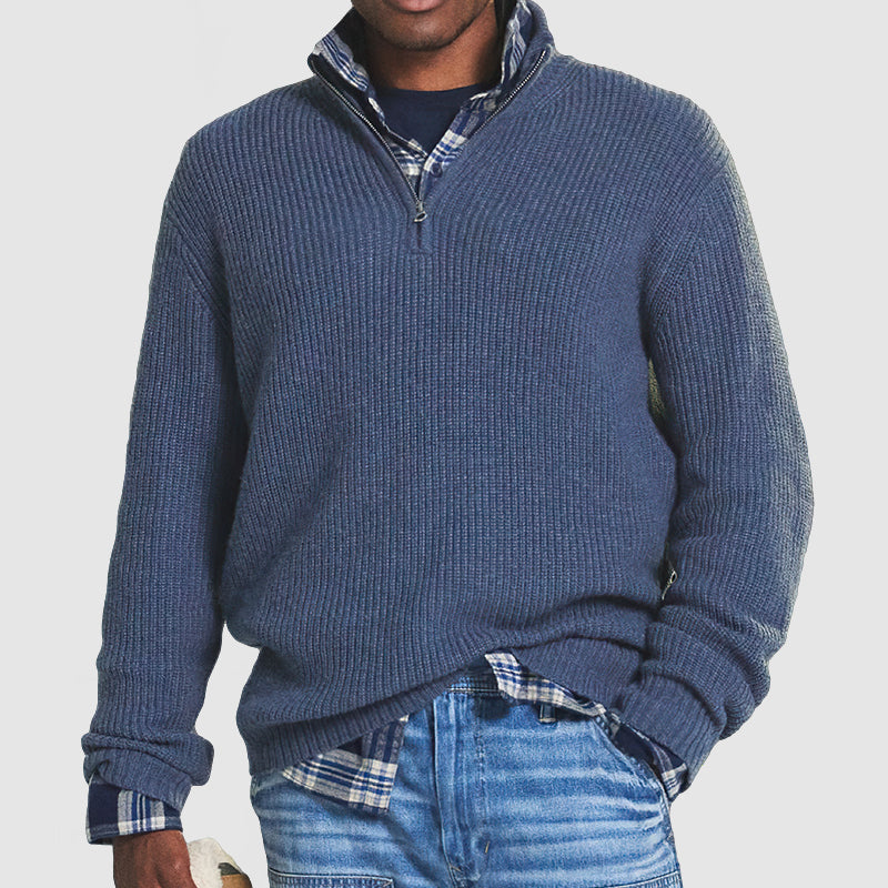 Men's ribbed half-zip pullover sweater, long sleeve layer-friendly design in neutral tone