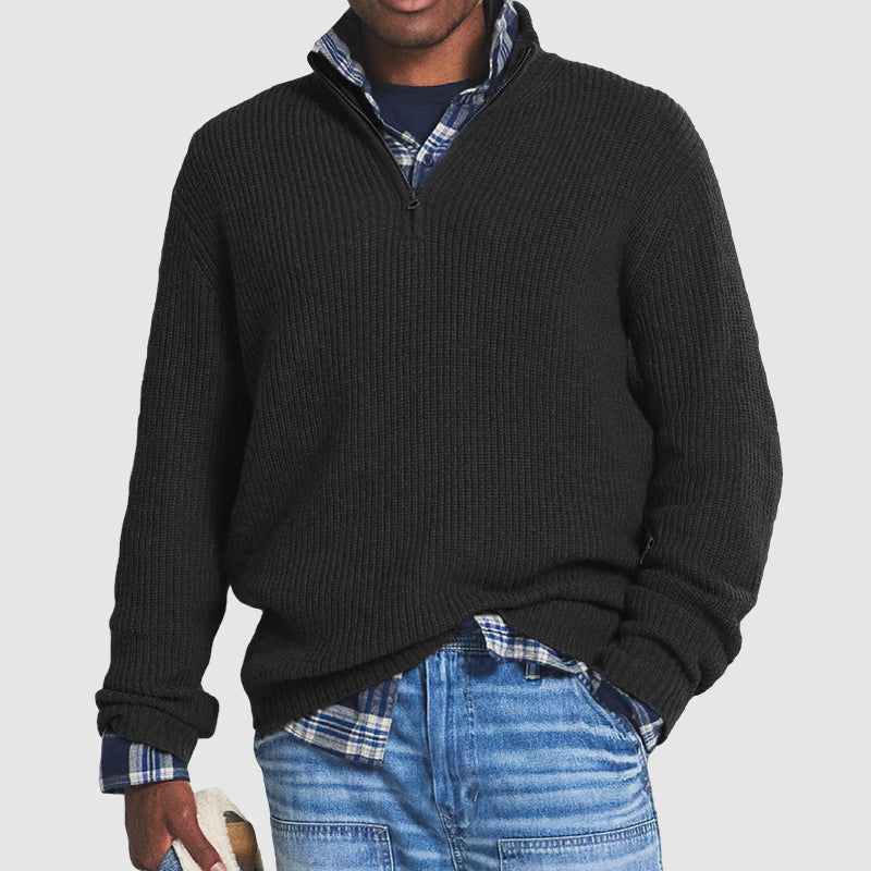 Men's ribbed half-zip pullover sweater, long sleeve layer-friendly style in neutral tone