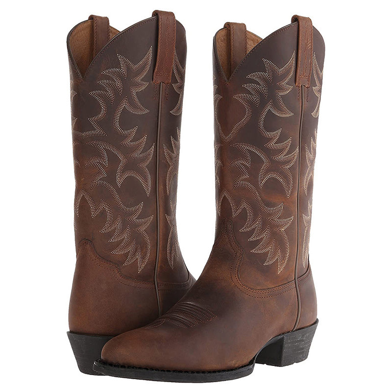 Men's genuine leather Western cowboy boots high shaft intricate embroidery comfort heel urban style