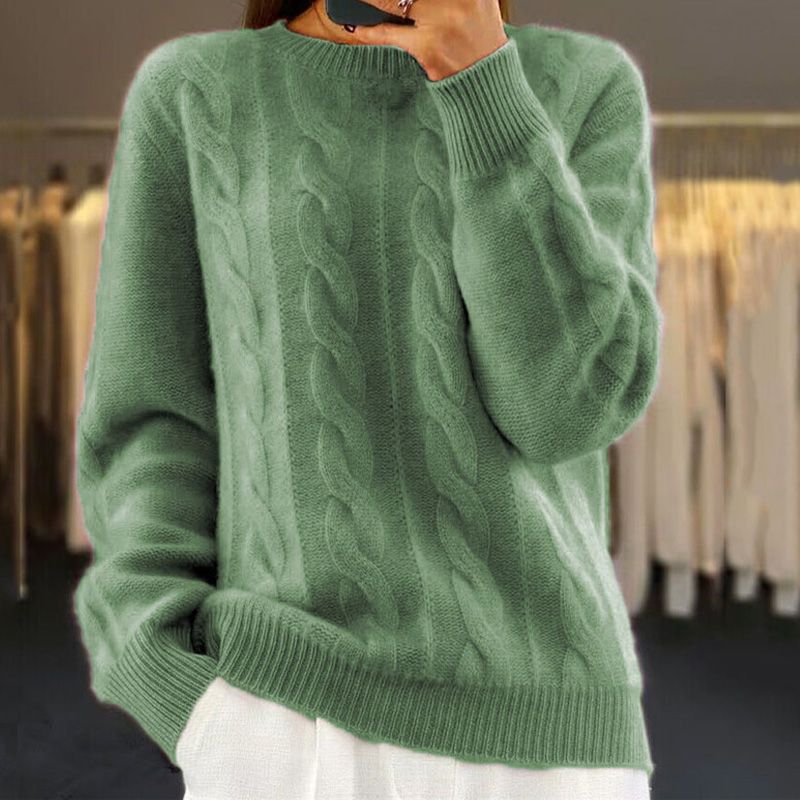Women's relaxed fit wool blend cable knit pullover sweater in classic neutral tones for cozy layering