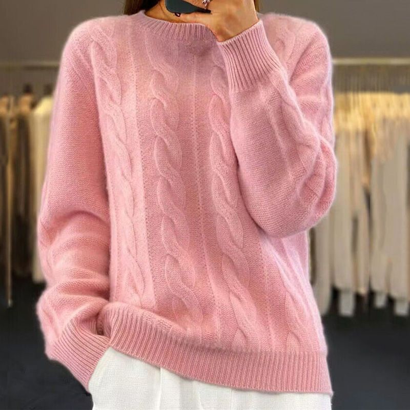 Women's relaxed fit wool blend cable knit pullover sweater in neutral tones, cozy timeless style
