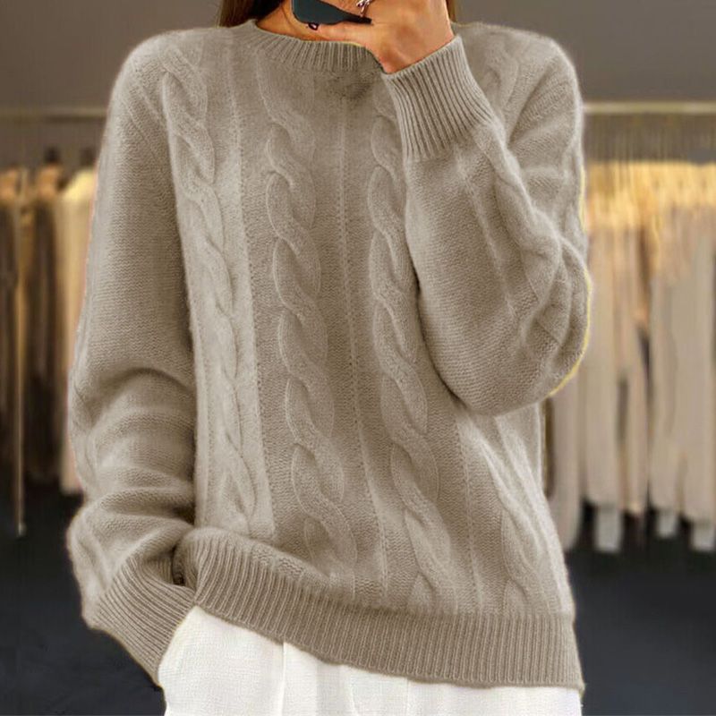 Women's wool blend cable knit pullover sweater relaxed fit, cozy timeless style for fall layering