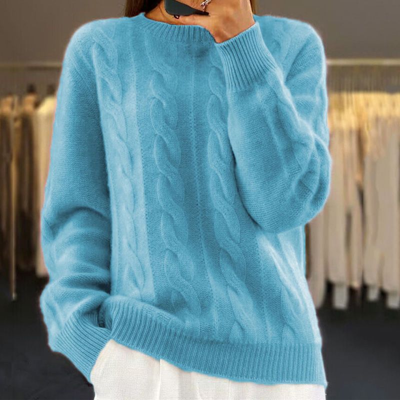 Women's relaxed fit wool blend cable knit pullover sweater in cozy timeless style for fall layering
