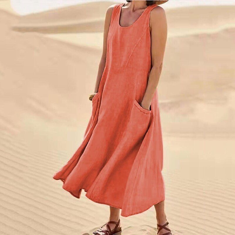 Women's beige relaxed summer dress with pockets, breathable airy fabric for beach and casual days
