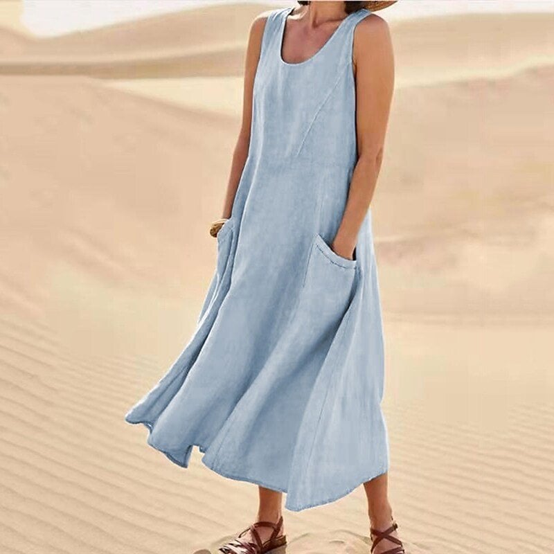 Women's beige relaxed summer dress with pockets, breathable fabric, casual beach silhouette