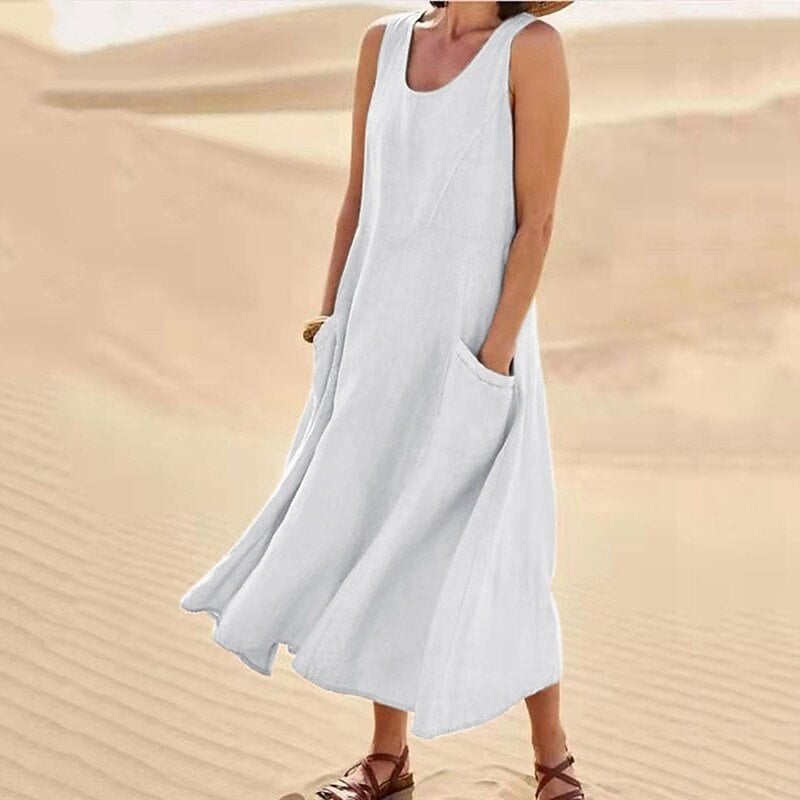 Women's beige relaxed summer dress with pockets, breathable fabric, effortless beach-to-city style