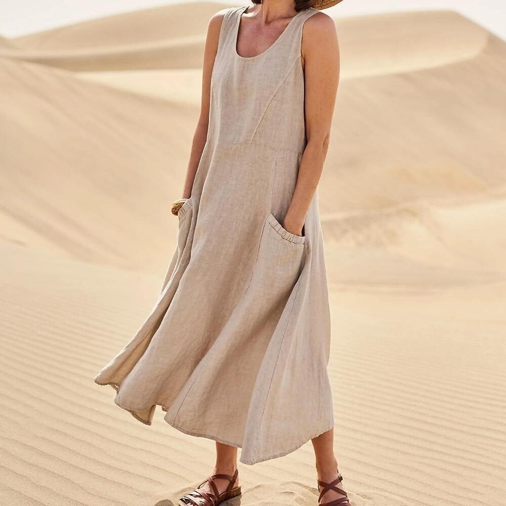 Women's beige relaxed summer dress with pockets, breathable lightweight fabric for beach days