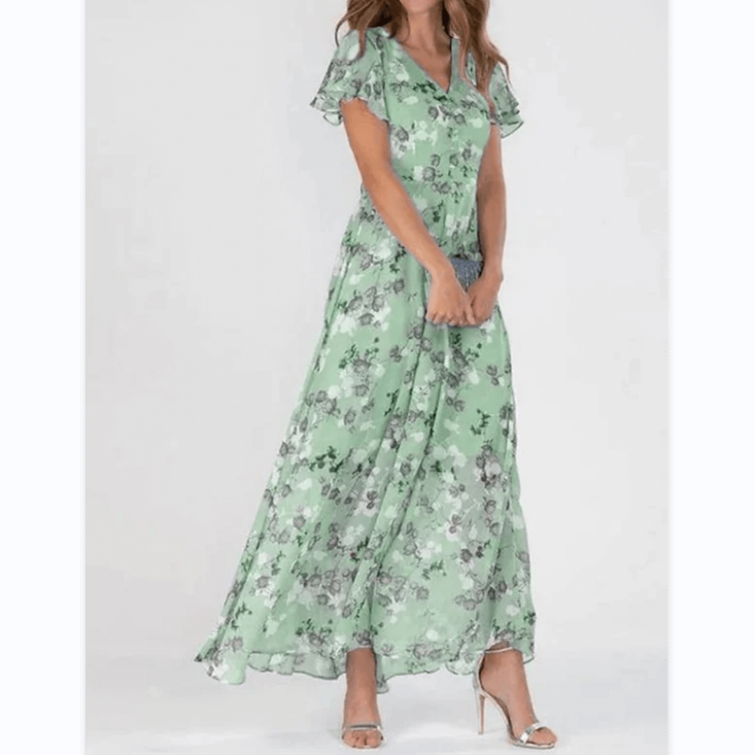Floral flutter sleeve maxi dress elegant flowy silhouette for weddings and formal spring occasions