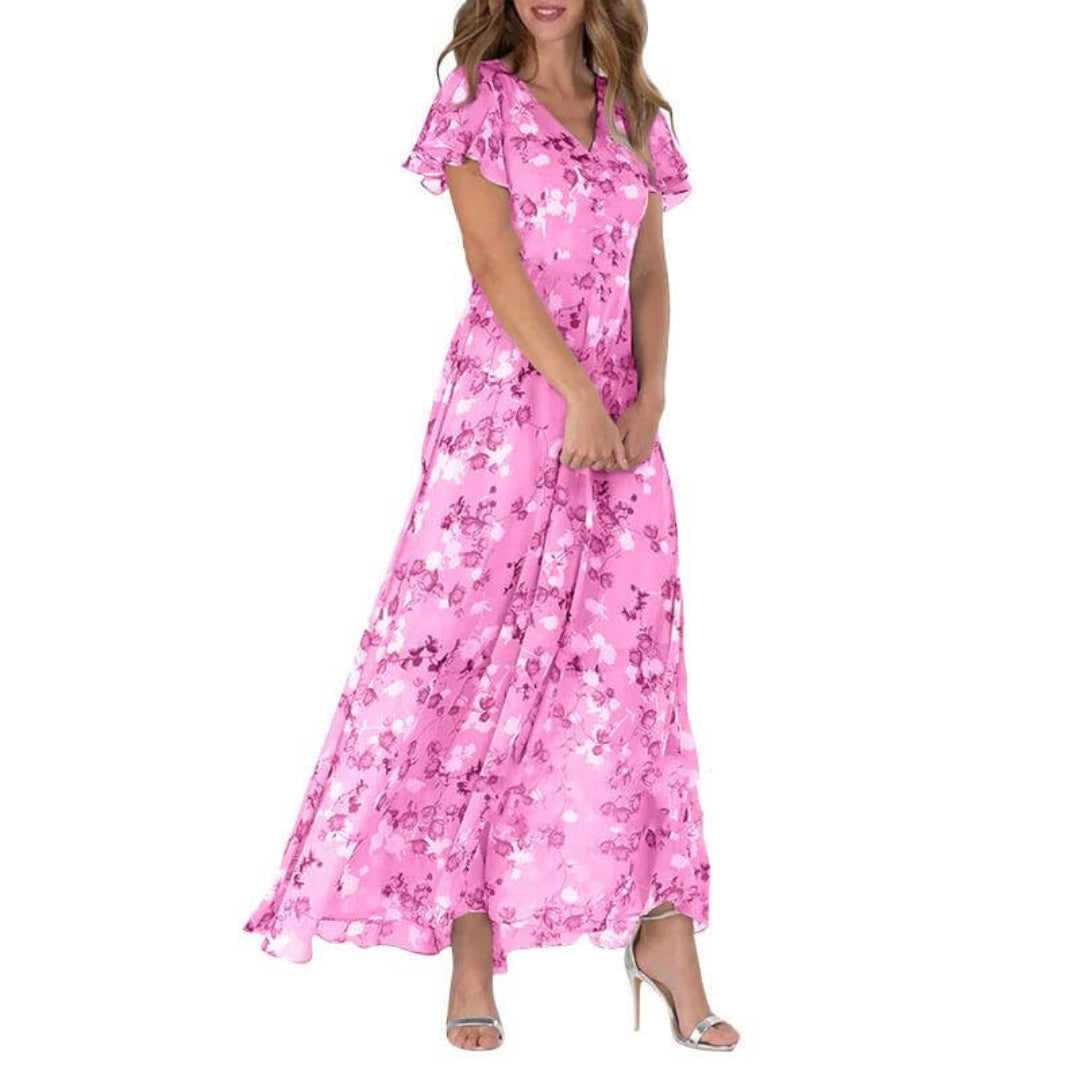 Women's floral maxi dress short sleeve relaxed silhouette lightweight spring summer long floral print