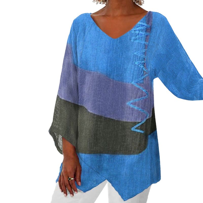 Women's chic loose-fit V-neck patchwork blouse with asymmetric hem and layered multi-panel design