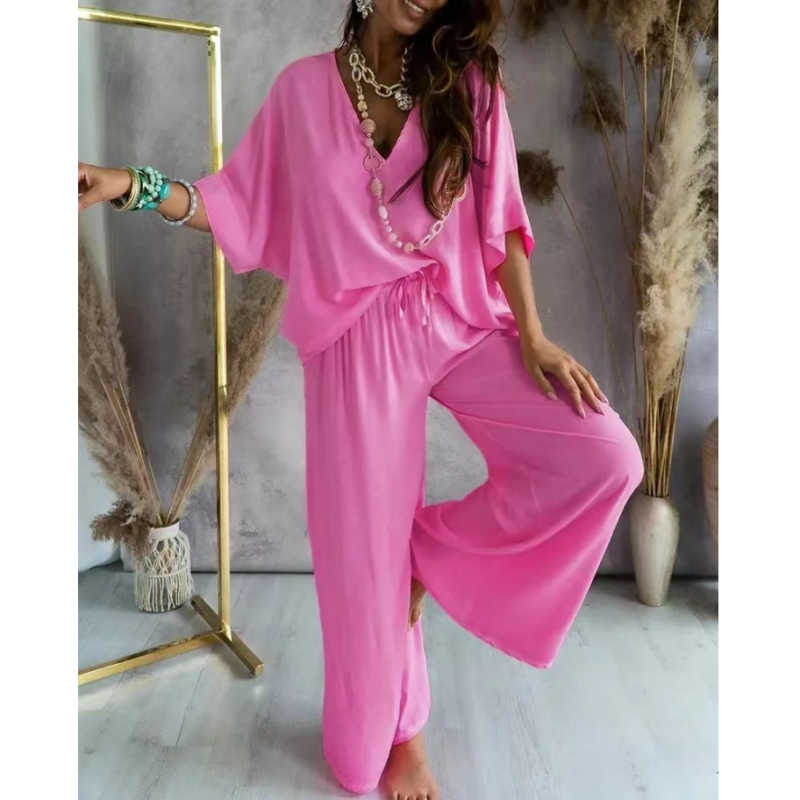 Women's loungewear set oversized V-neck top wide-leg pants soft breathable cotton blend casual comfort