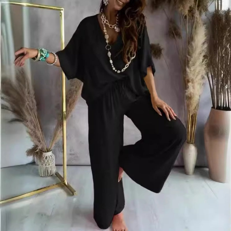 Women's loungewear set oversized V-neck top wide-leg pants soft breathable cotton blend casual comfort