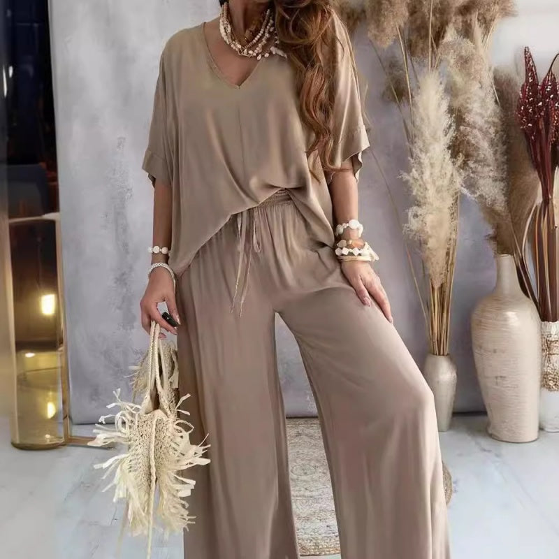 Women's loungewear set oversized V-neck top wide-leg pants soft breathable cotton blend casual comfort